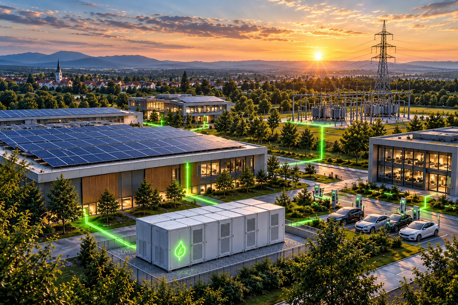 Illustration eines Immobilienstandorts mit Photovoltaik, Batteriespeicher und Ladepunkten