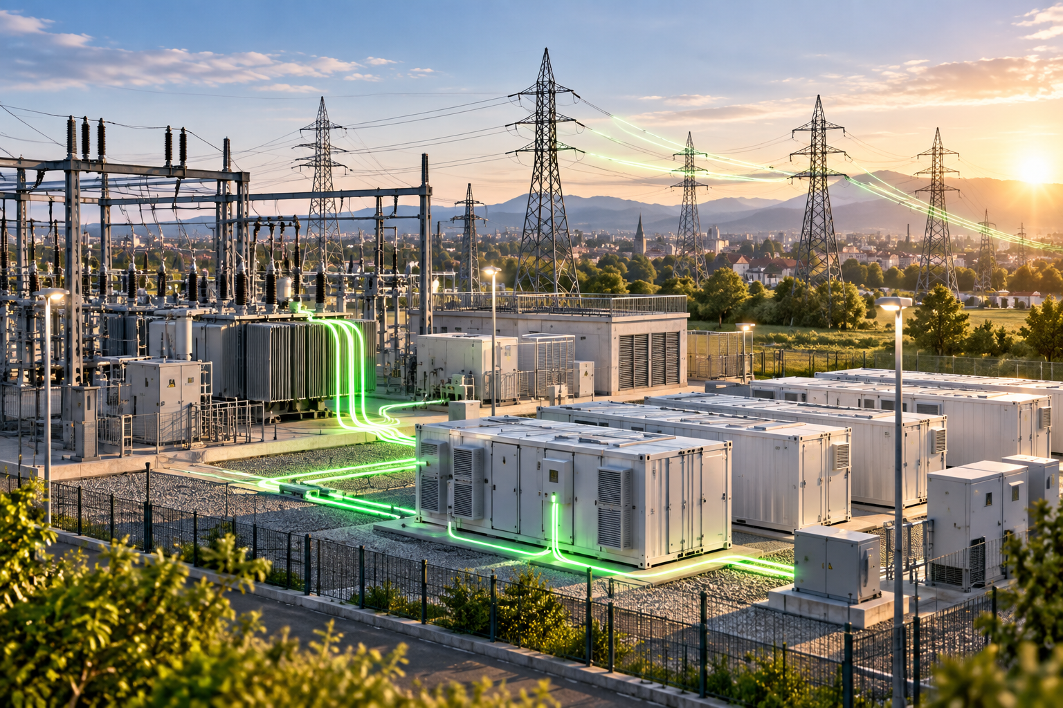 Illustration eines Umspannwerks mit angeschlossenen Batteriespeichern und Stromleitungen
