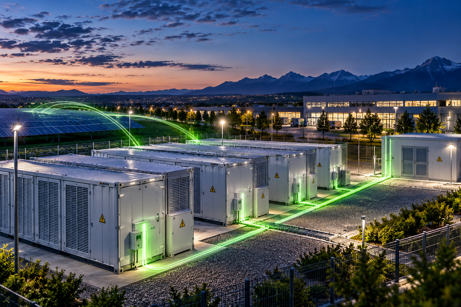 Illustration eines Großspeicherstandorts mit Photovoltaik und Gewerbegebäude in der Abenddämmerung